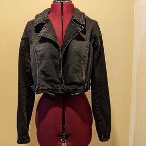 Madden NYC Women’s Cropped Denim Moto Jacket – Black Wash (Size L)